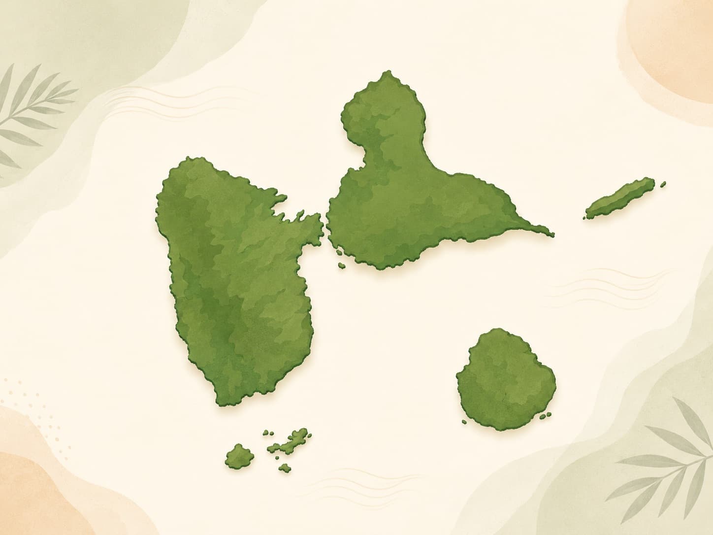 Carte aquarelle de l'archipel guadeloupéen : Basse-Terre, Grande-Terre, La Désirade, Marie-Galante et Les Saintes.